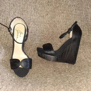 MARK & JAMES-BADGLEY MISCHKA-Roana-Black Leather Wooden Wedge Platform-Sz 5.5-NM